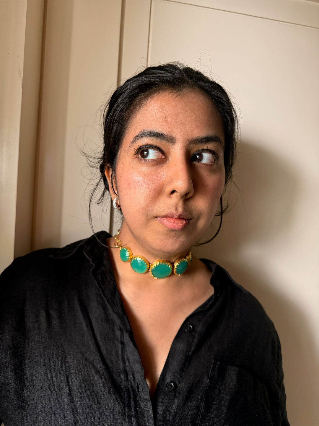 Handmade Brass Stone Choker | Adjustable Modern Gold Polish Necklace by SHIVKA