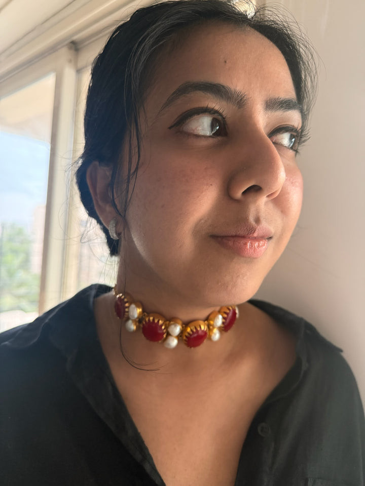 Handmade Brass Choker with Corals & Baroque Pearls | Adjustable Modern Gold Polish Necklace by SHIVKA