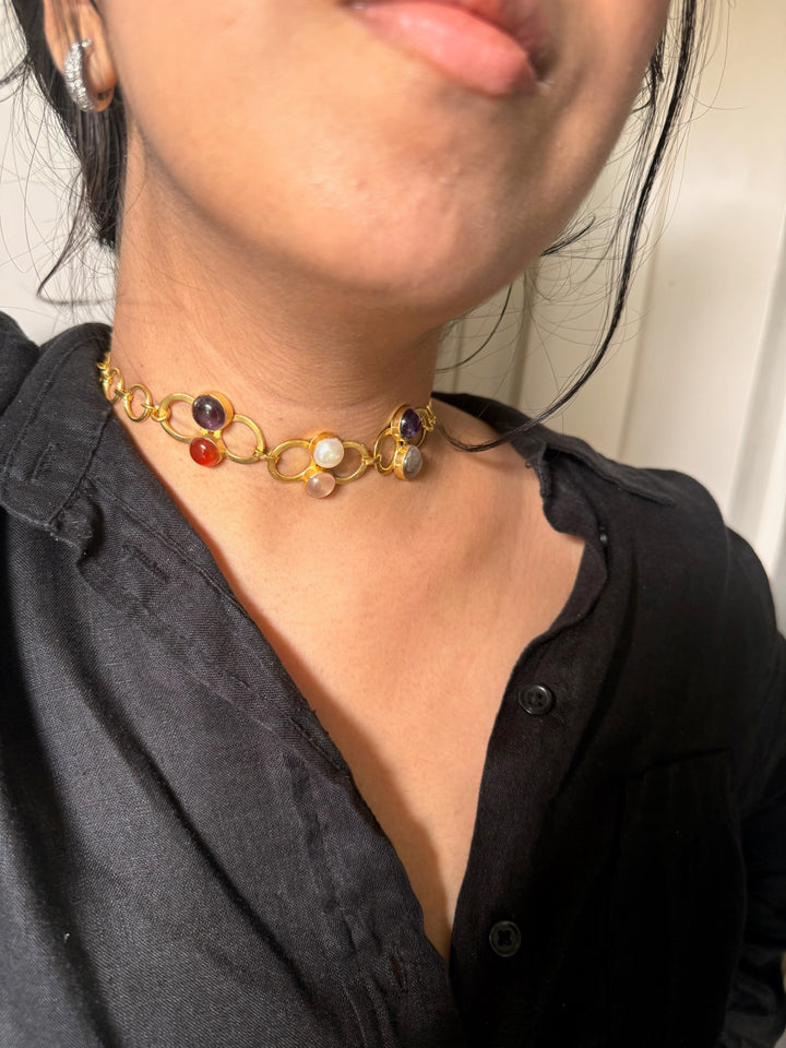 Handmade Brass Choker with Natural Multi Gemstones | Adjustable Modern Gold Polish Necklace by SHIVKA