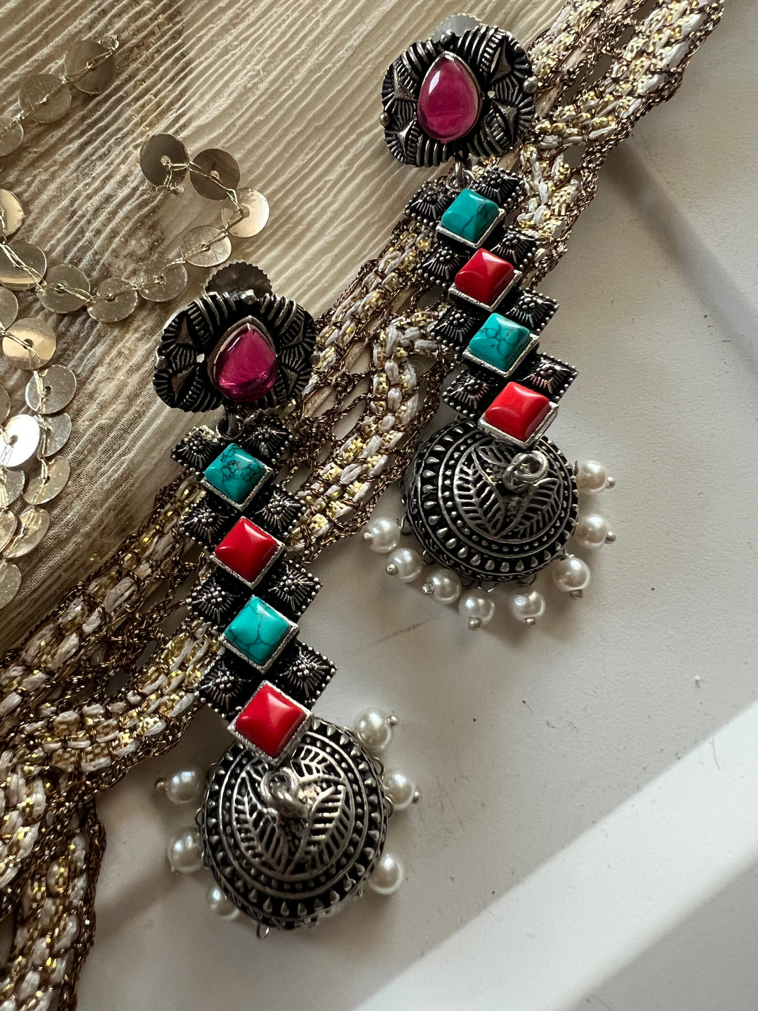 Antique Oxidized Earrings with Pearls & Stones – Timeless Elegance