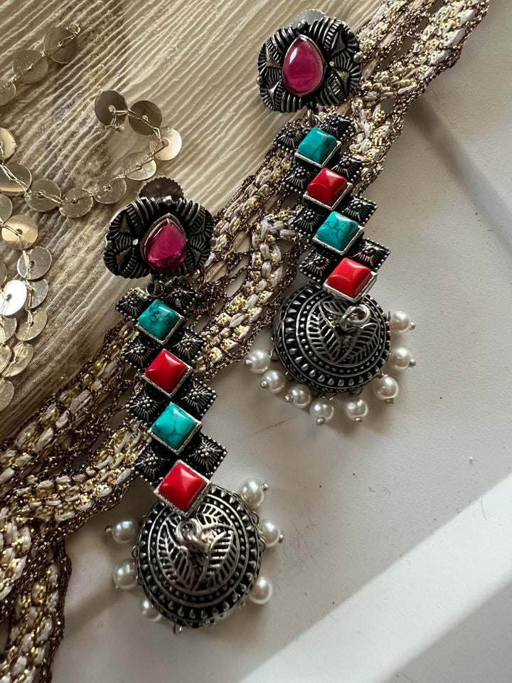 Antique Oxidized Earrings with Pearls & Stones – Timeless Elegance