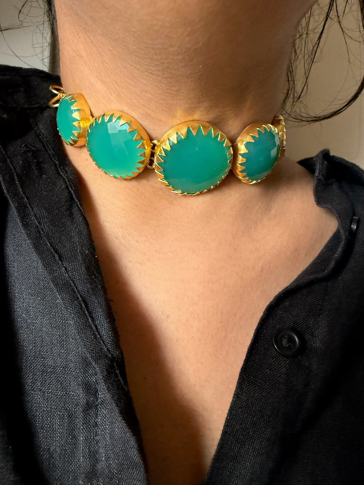 Handmade Brass Stone Choker | Adjustable Modern Gold Polish Necklace by SHIVKA