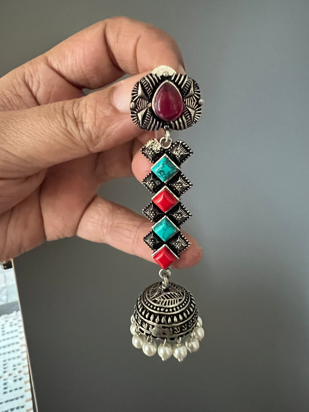 Antique Oxidized Earrings with Pearls & Stones – Timeless Elegance