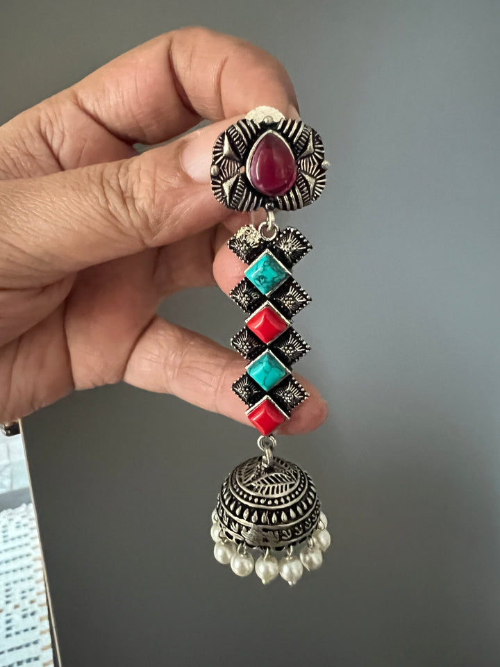 Antique Oxidized Earrings with Pearls & Stones – Timeless Elegance