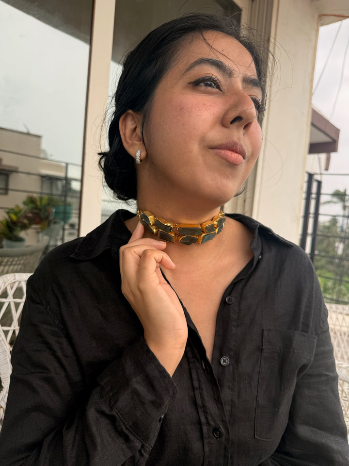 Handmade Choker with Raw Natural Labradorite | Adjustable Modern Gold Polish Necklace by SHIVKA