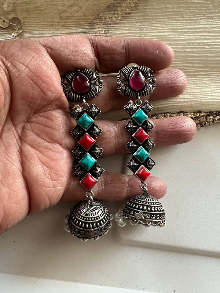 Antique Oxidized Earrings with Pearls & Stones – Timeless Elegance