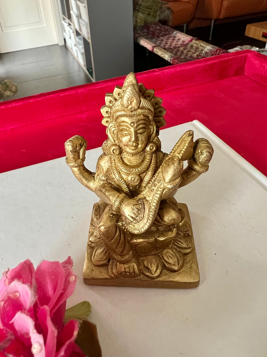 Antique Brass Saraswati Sculpture: Goddess of Wisdom