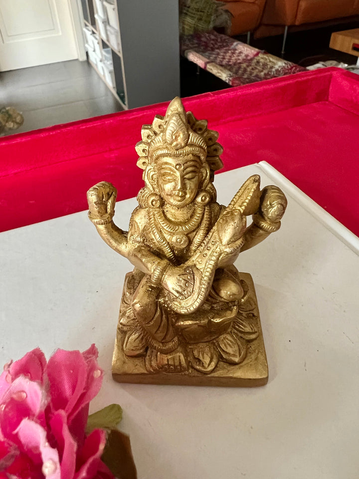 Antique Brass Saraswati Sculpture: Goddess of Wisdom