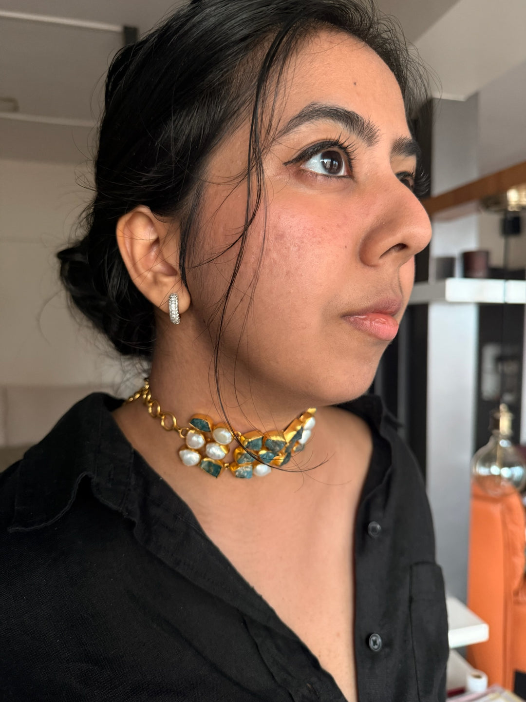 Handmade Choker with Malachite & Baroque Pearls | Adjustable Modern Gold Polish Necklace by SHIVKA