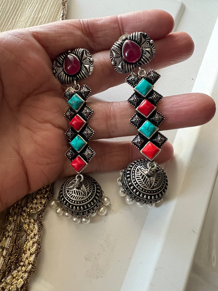 Antique Oxidized Earrings with Pearls & Stones – Timeless Elegance