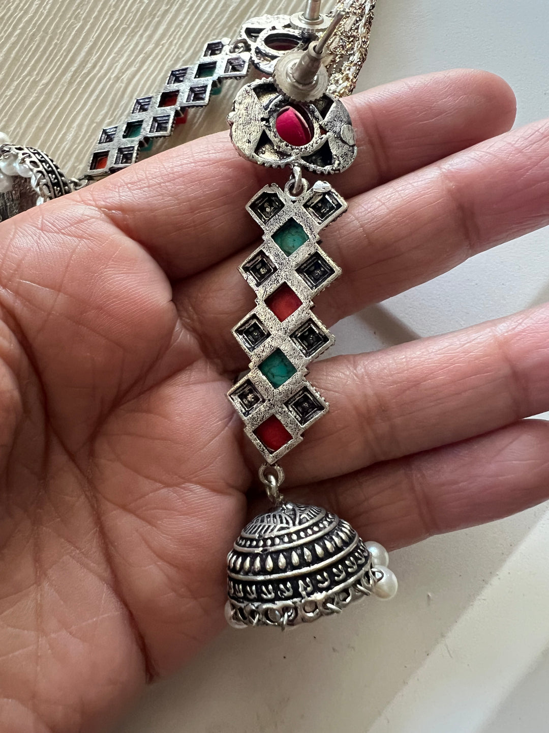 Antique Oxidized Earrings with Pearls & Stones – Timeless Elegance