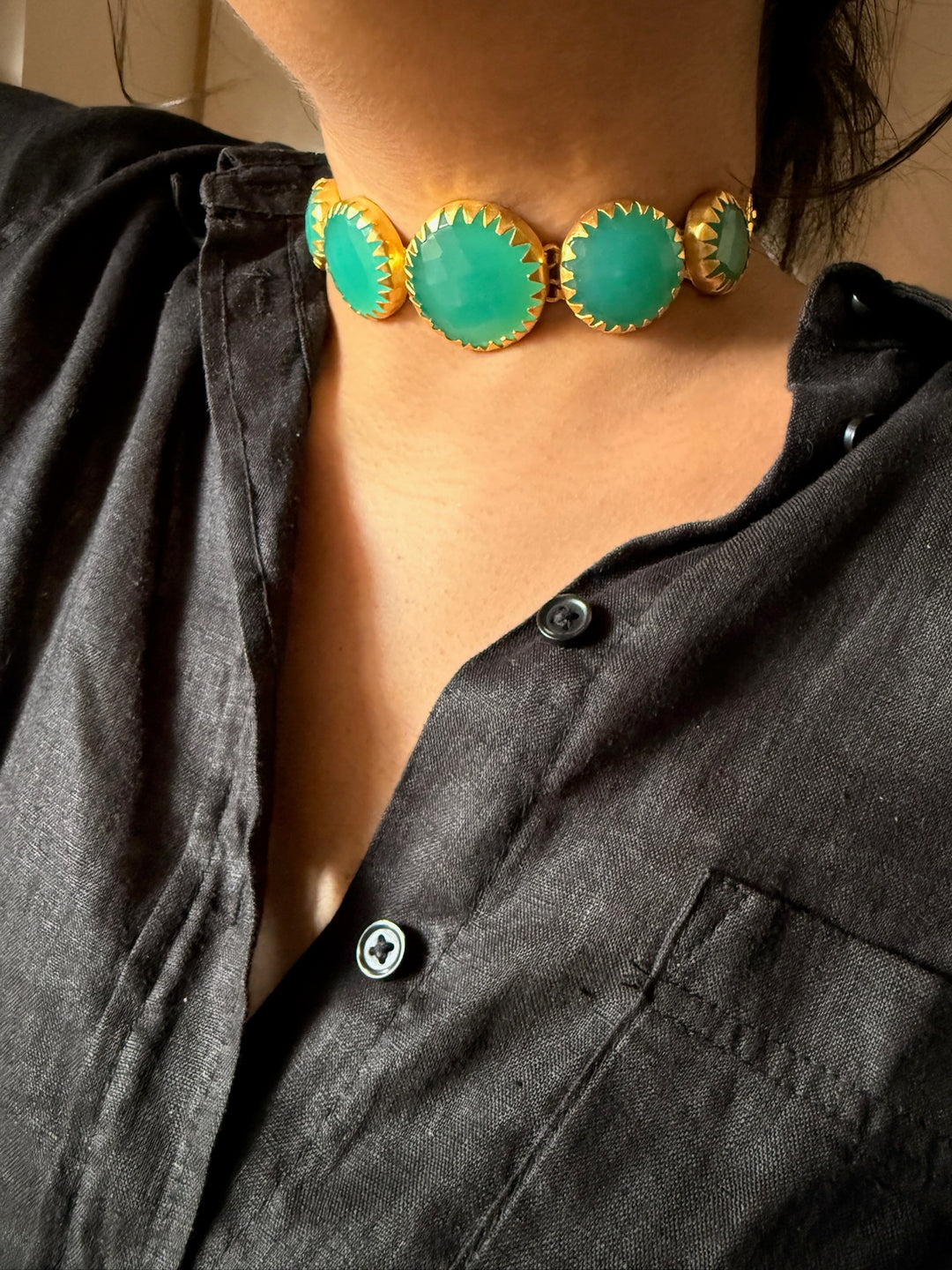 Handmade Brass Stone Choker | Adjustable Modern Gold Polish Necklace by SHIVKA