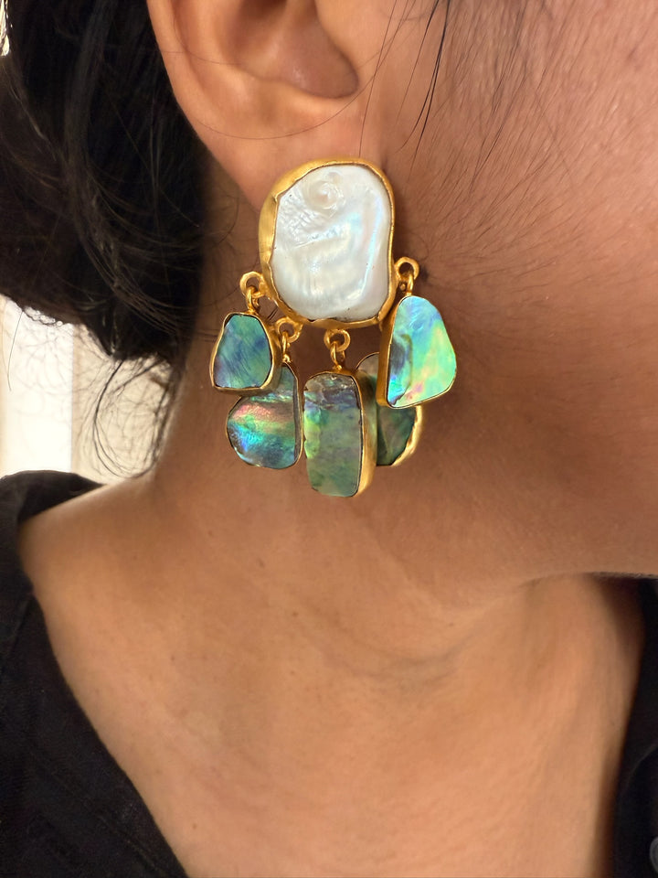 Handmade Brass Earrings with Abalone Shell & Baroque Pearls | Modern Gold Polish Statement Earrings by SHIVKA