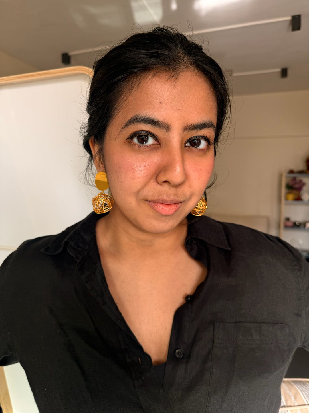 Handmade Brass Dangler Earrings with Natural Gemstone | Modern Gold Polish Push Back Earrings by SHIVKA