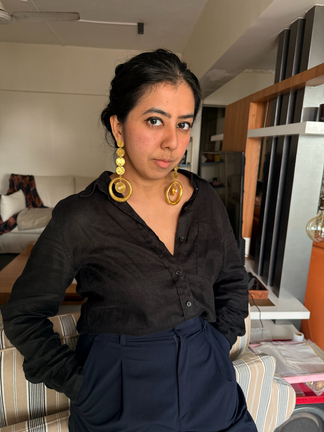 Handmade Statement Baroque Pearl Danglers | Modern Gold Polish Brass Earrings by SHIVKA