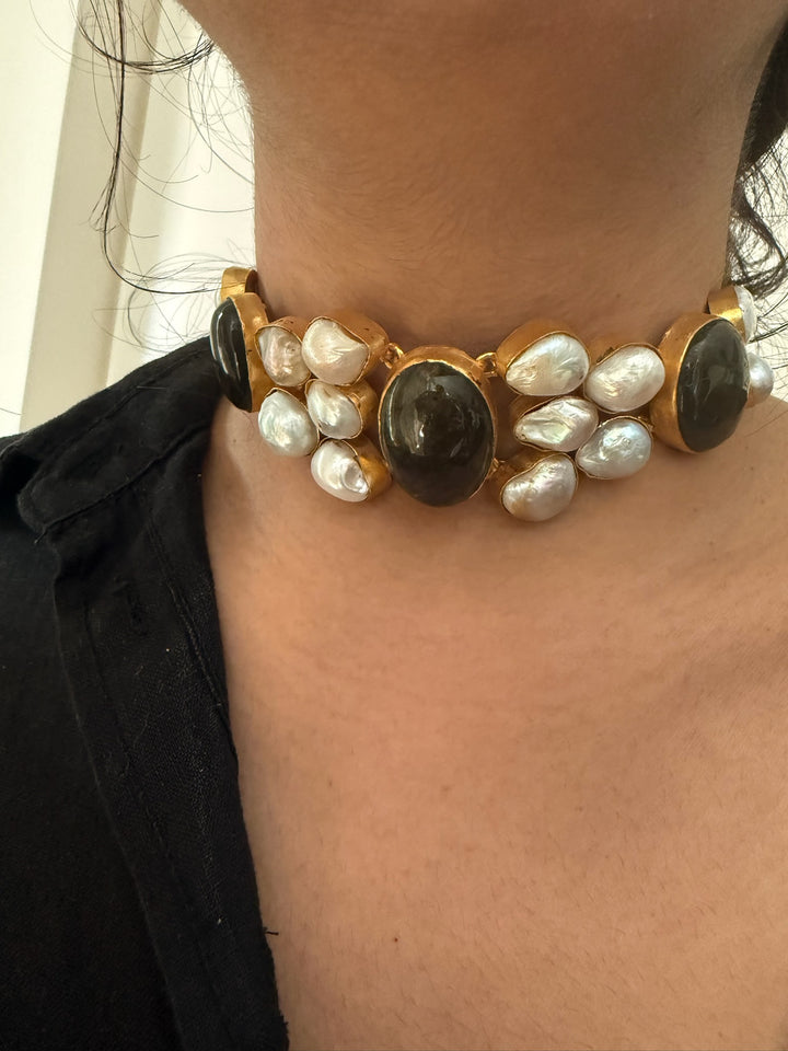 Handmade Brass Choker with Labradorite & Baroque Pearls | Adjustable Modern Gold Polish Necklace by SHIVKA