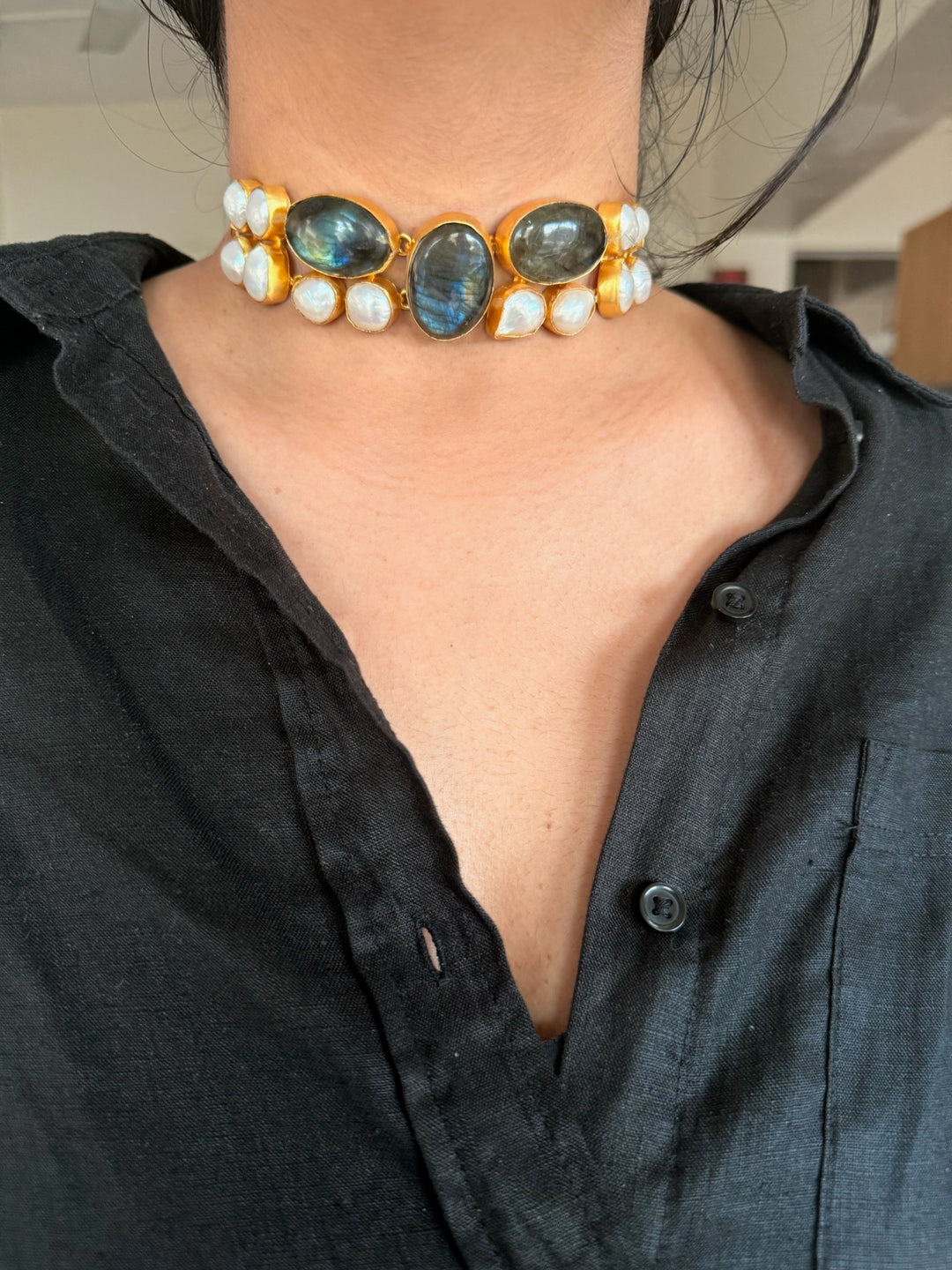 Handmade Brass Choker with Labradorite & Baroque Pearls | Adjustable Modern Gold Polish Necklace by SHIVKA