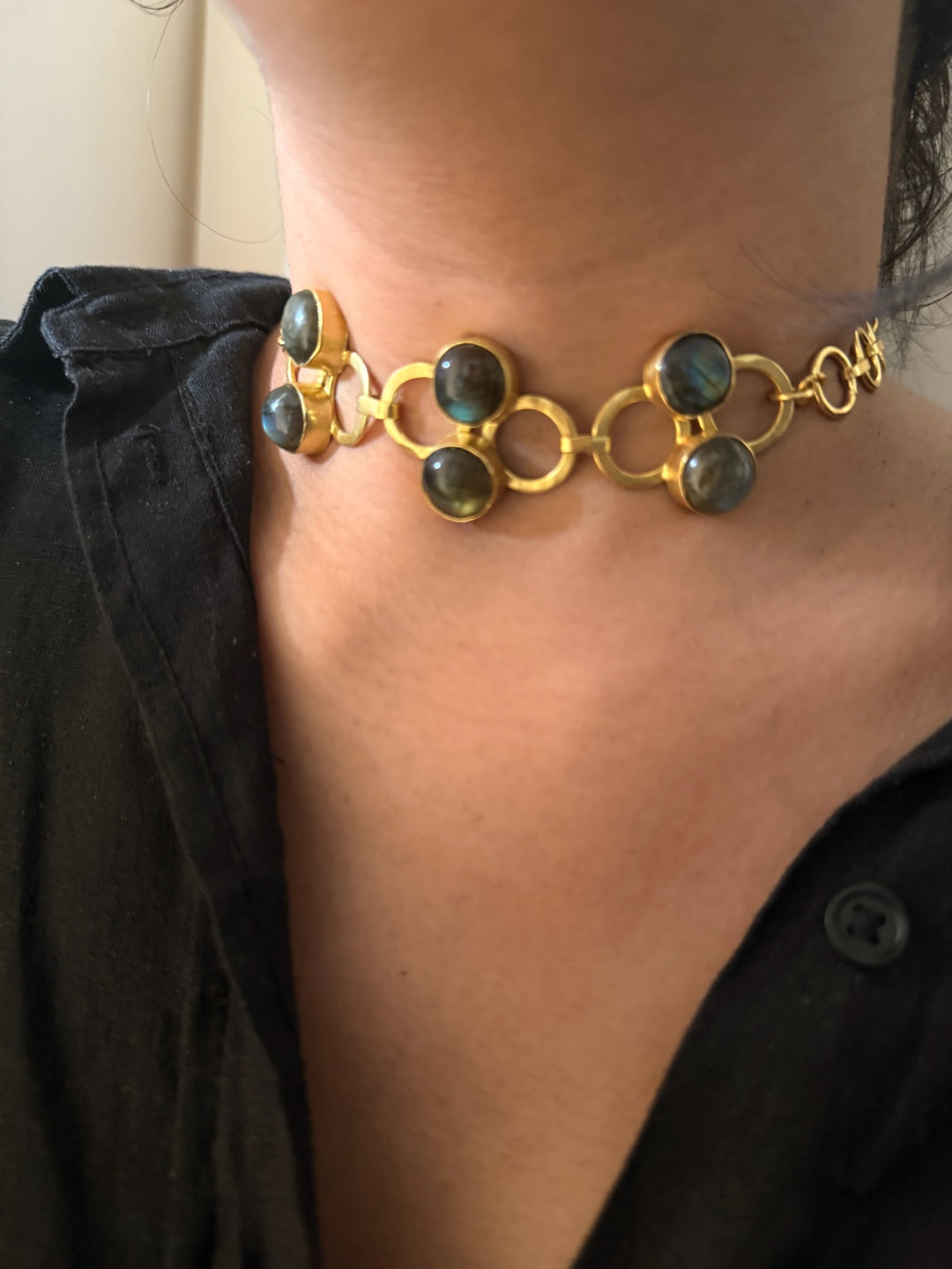 Handmade Brass Choker with Natural Labradorite | Adjustable Modern Gold Polish Necklace by SHIVKA