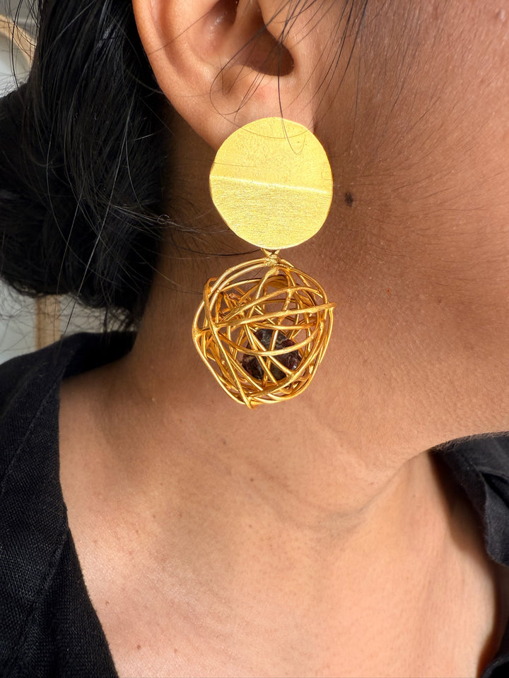 Handmade Brass Dangler Earrings with Natural Gemstone | Modern Gold Polish Push Back Earrings by SHIVKA