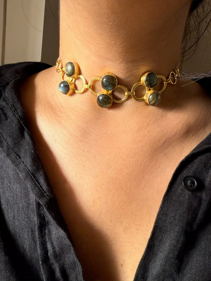 Handmade Brass Choker with Natural Labradorite | Adjustable Modern Gold Polish Necklace by SHIVKA