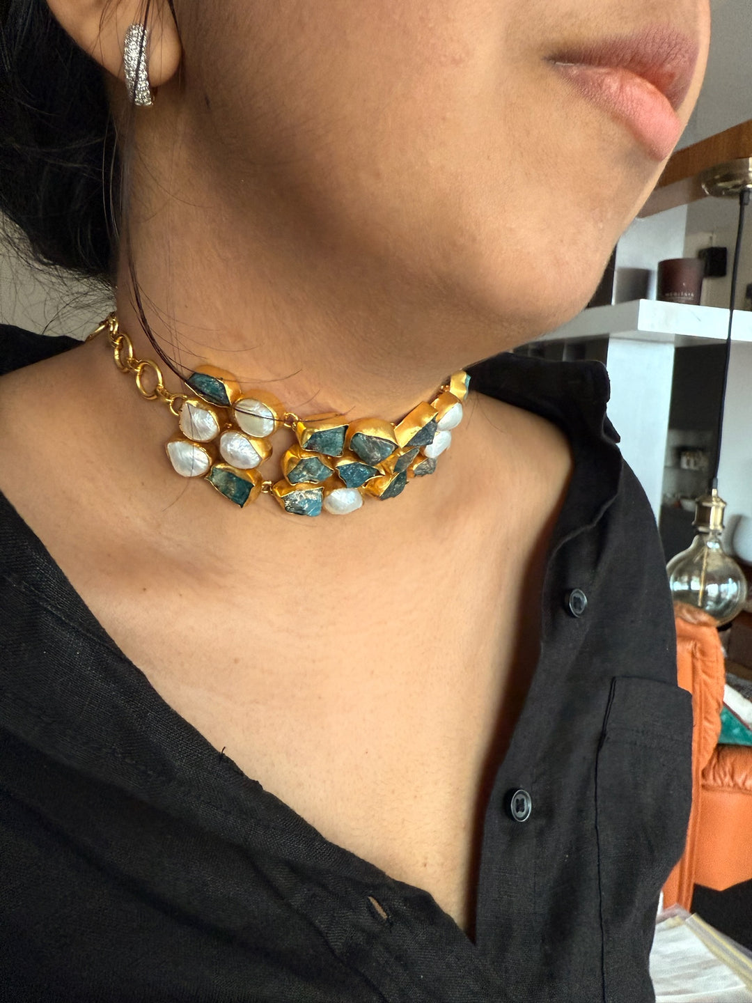 Handmade Choker with Malachite & Baroque Pearls | Adjustable Modern Gold Polish Necklace by SHIVKA