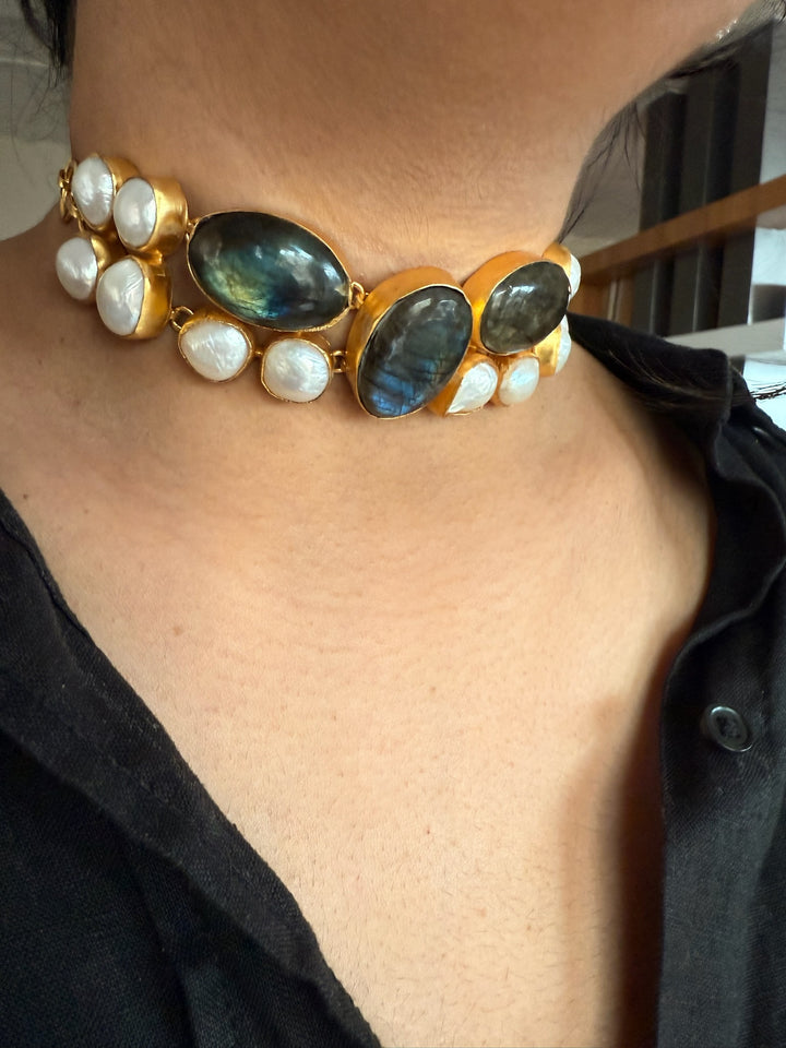 Handmade Brass Choker with Labradorite & Baroque Pearls | Adjustable Modern Gold Polish Necklace by SHIVKA