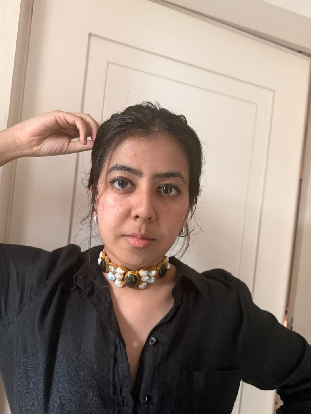 Handmade Brass Choker with Labradorite & Baroque Pearls | Adjustable Modern Gold Polish Necklace by SHIVKA