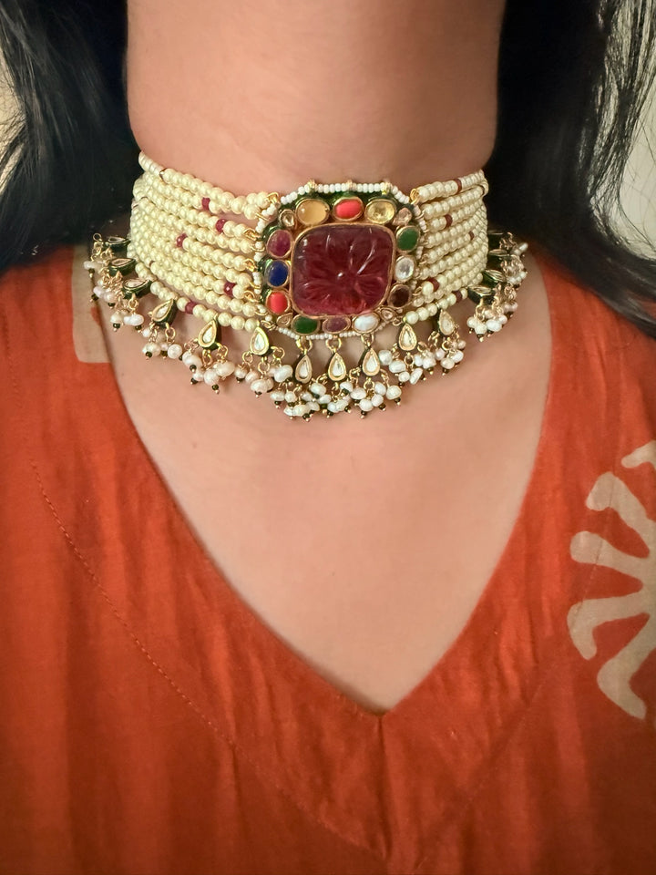 Navratna Pearl Kundan Choker Set – SHIVKA