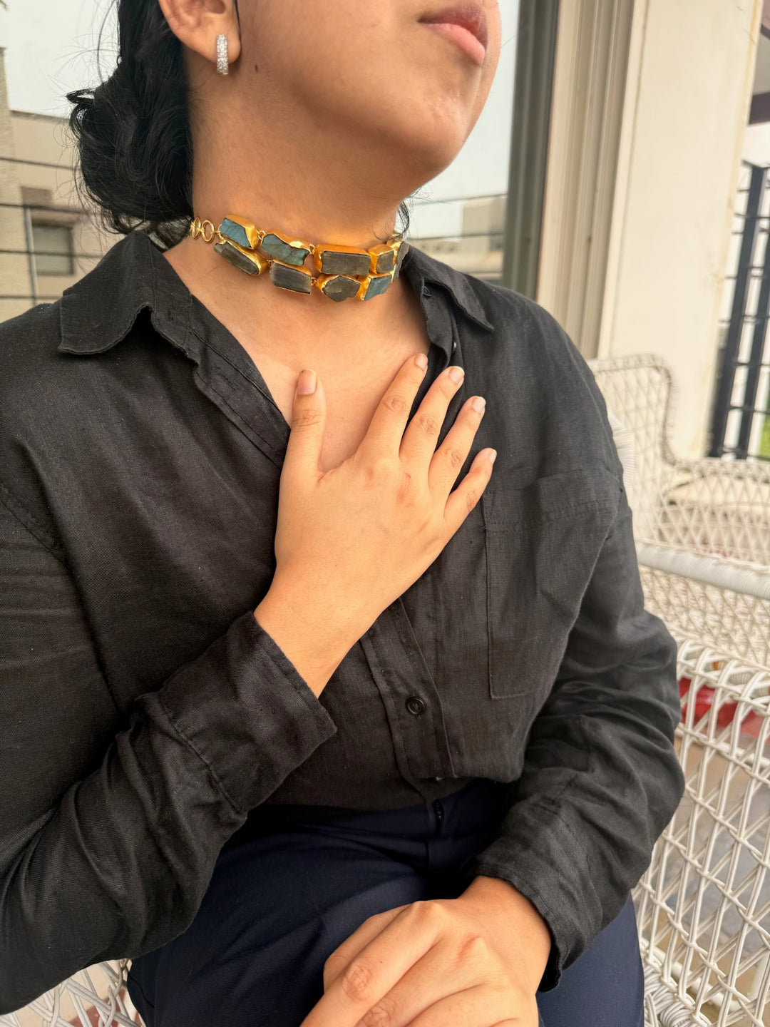 Handmade Choker with Raw Natural Labradorite | Adjustable Modern Gold Polish Necklace by SHIVKA