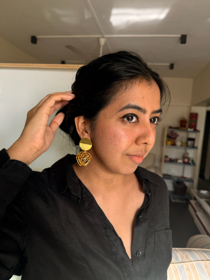 Handmade Brass Dangler Earrings with Natural Gemstone | Modern Gold Polish Push Back Earrings by SHIVKA