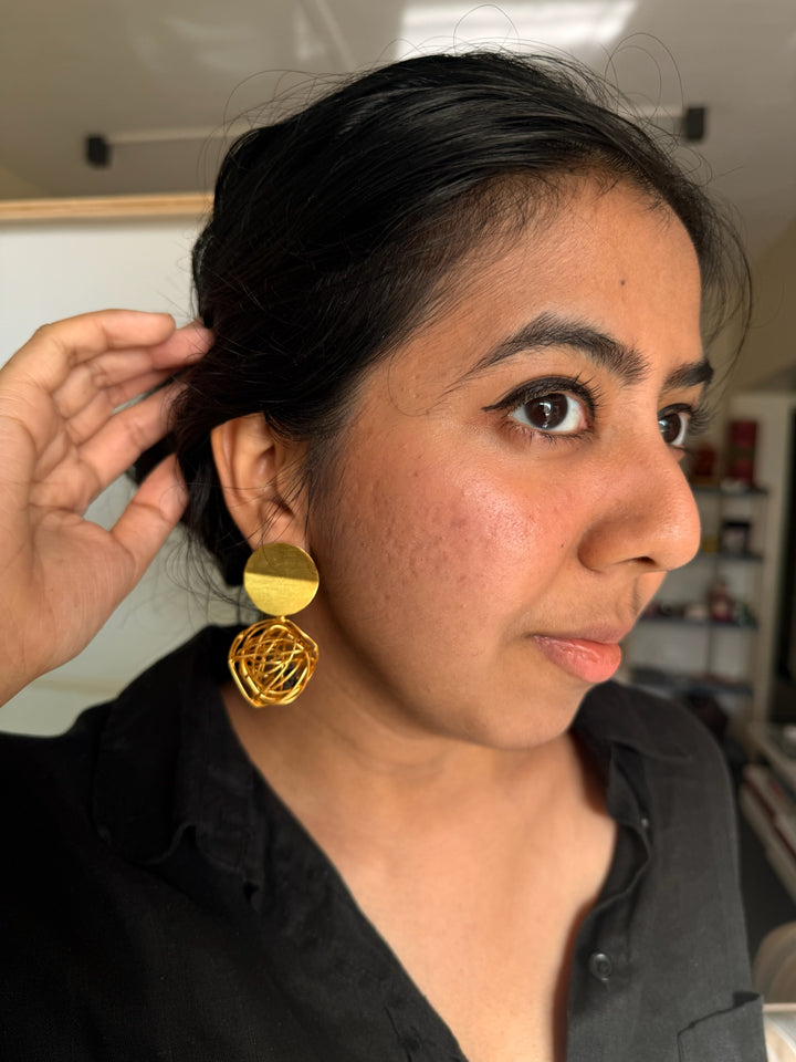 Handmade Brass Dangler Earrings with Natural Gemstone | Modern Gold Polish Push Back Earrings by SHIVKA
