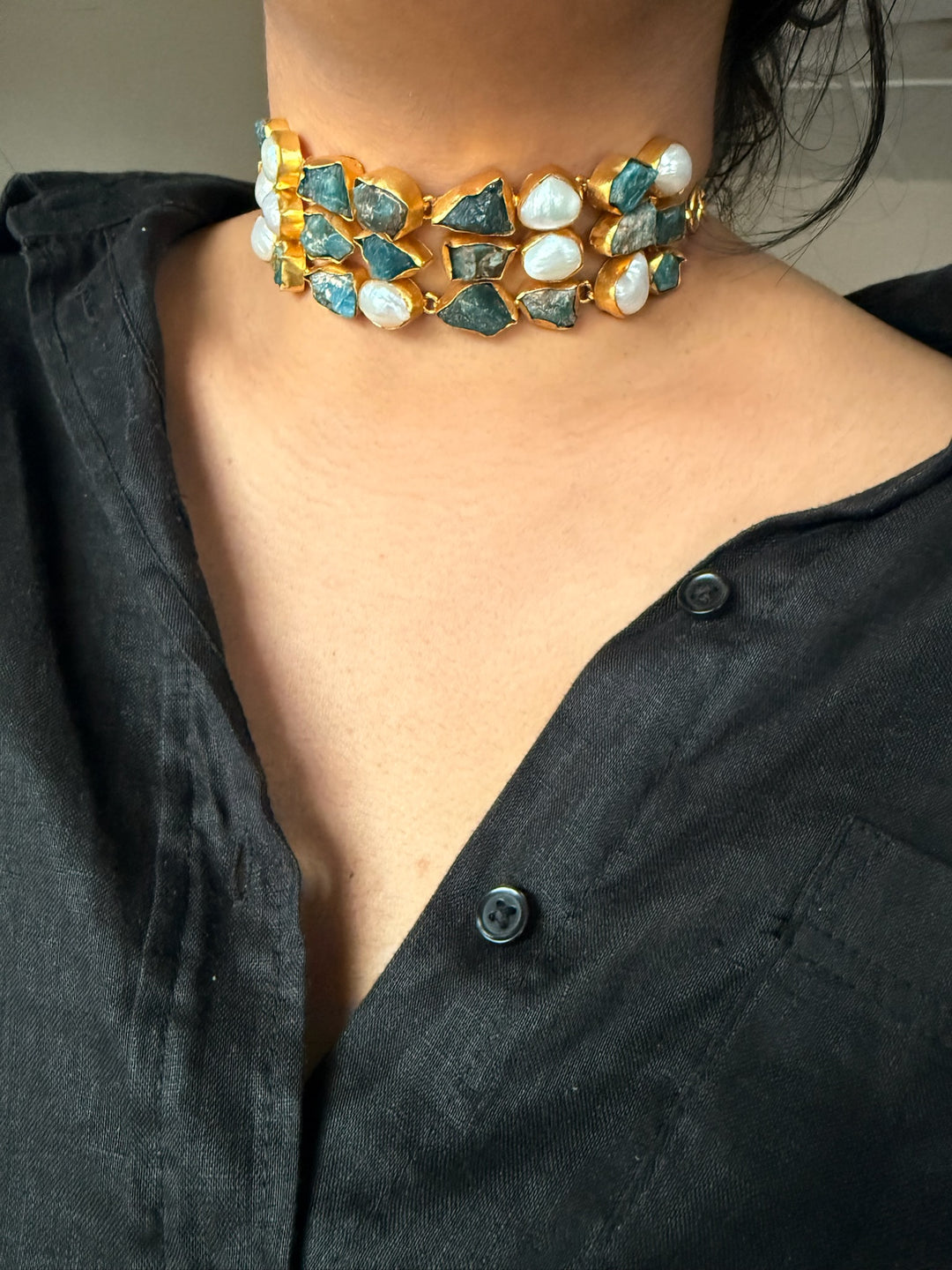 Handmade Choker with Malachite & Baroque Pearls | Adjustable Modern Gold Polish Necklace by SHIVKA