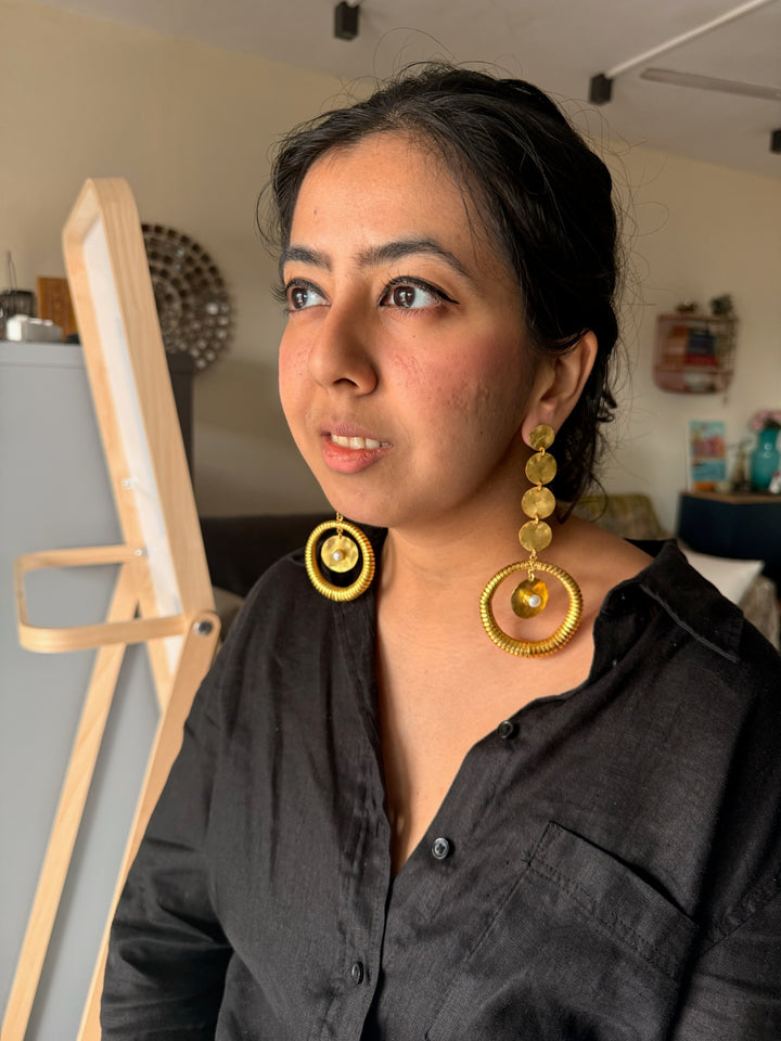 Handmade Statement Baroque Pearl Danglers | Modern Gold Polish Brass Earrings by SHIVKA