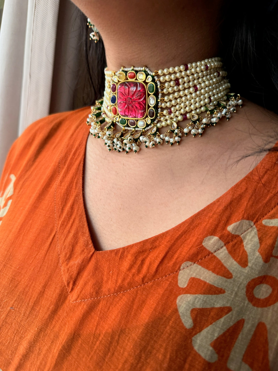 Navratna Pearl Kundan Choker Set – SHIVKA