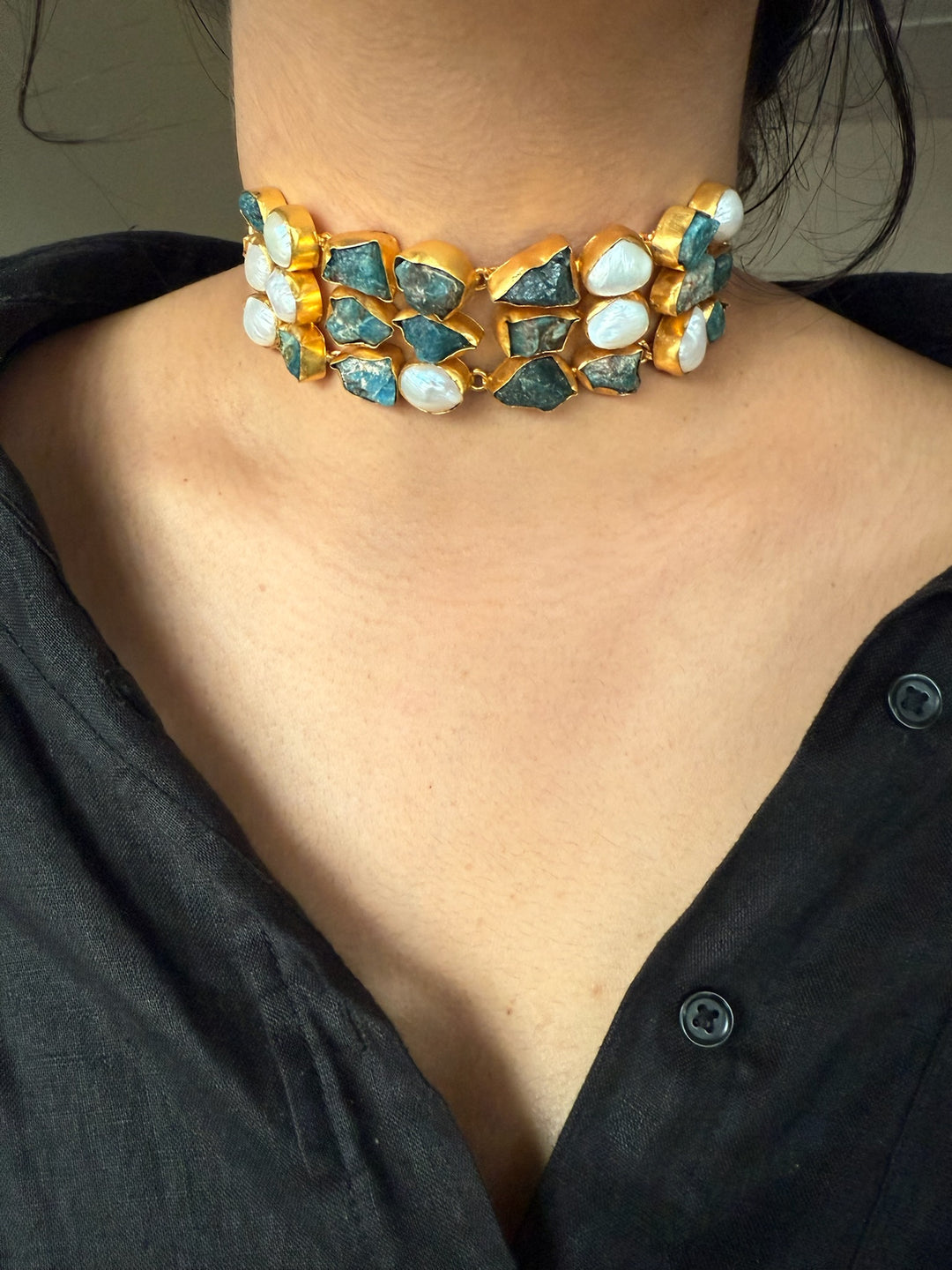 Handmade Choker with Malachite & Baroque Pearls | Adjustable Modern Gold Polish Necklace by SHIVKA