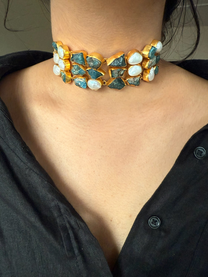 Handmade Choker with Malachite & Baroque Pearls | Adjustable Modern Gold Polish Necklace by SHIVKA