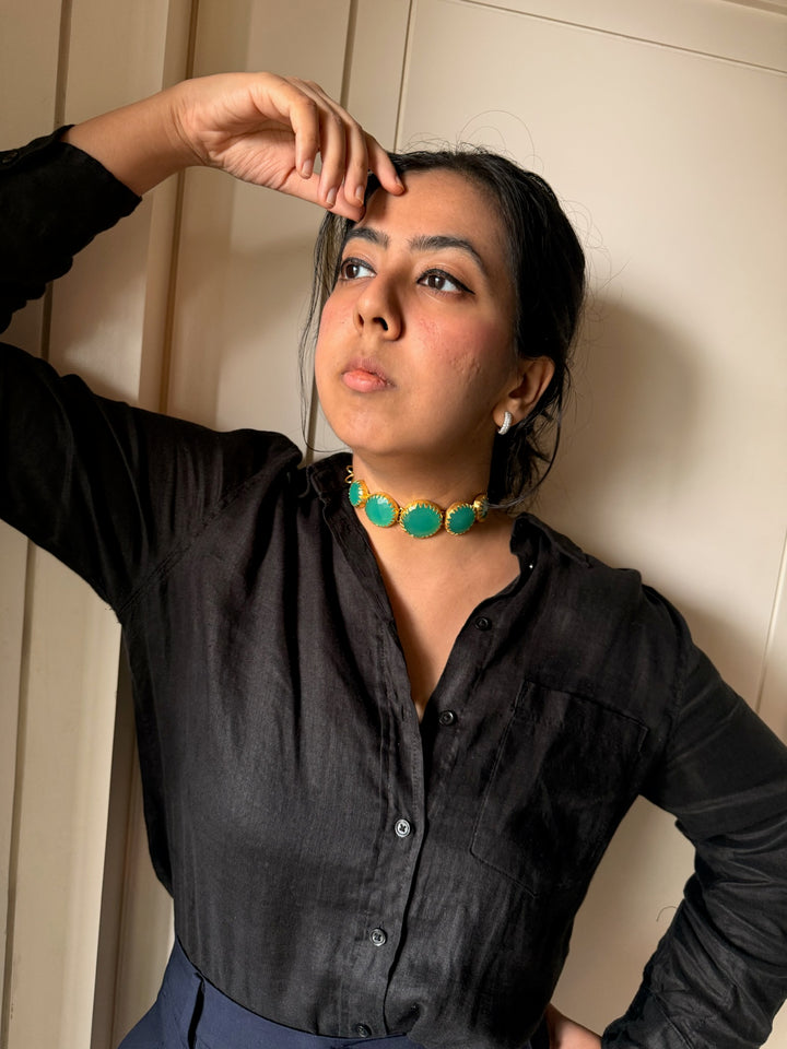 Handmade Brass Stone Choker | Adjustable Modern Gold Polish Necklace by SHIVKA