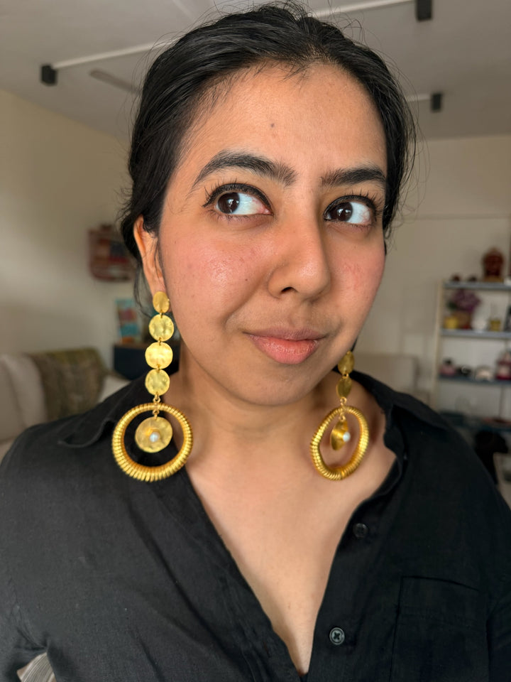 Handmade Statement Baroque Pearl Danglers | Modern Gold Polish Brass Earrings by SHIVKA