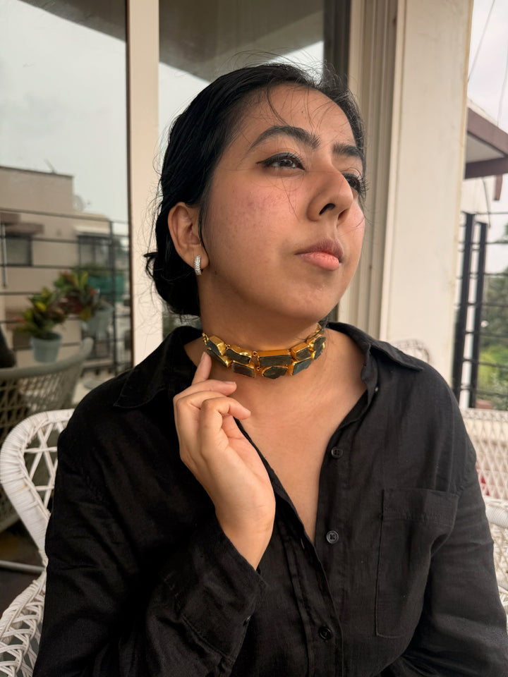 Handmade Choker with Raw Natural Labradorite | Adjustable Modern Gold Polish Necklace by SHIVKA