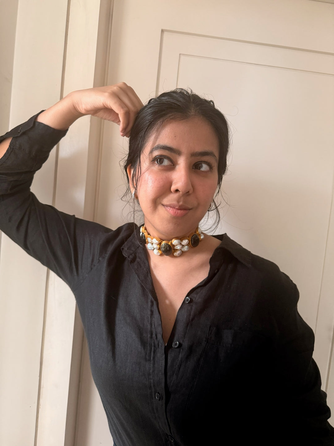 Handmade Brass Choker with Labradorite & Baroque Pearls | Adjustable Modern Gold Polish Necklace by SHIVKA