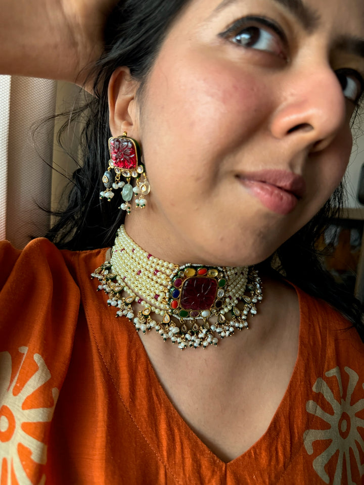 Navratna Pearl Kundan Choker Set – SHIVKA