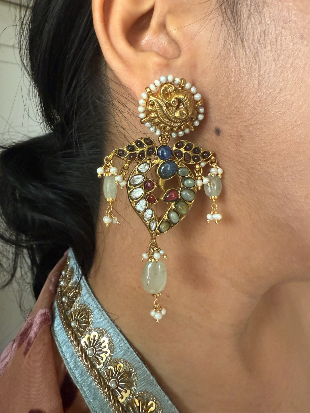 Peacock Kundan Silver Earrings | SHIVKA