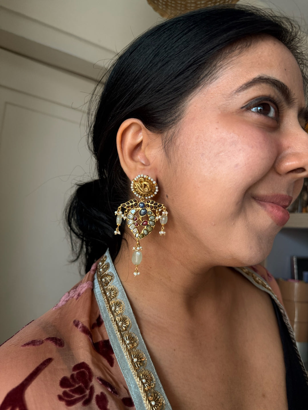 Peacock Kundan Silver Earrings | SHIVKA