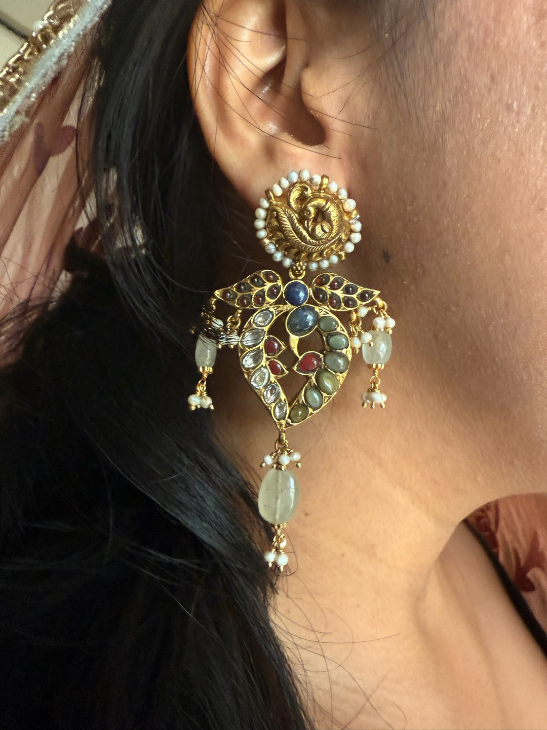 Peacock Kundan Silver Earrings | SHIVKA