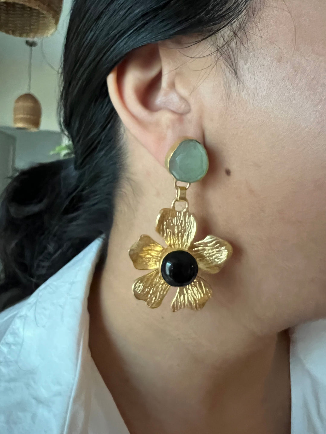 Onyx and Chalcedony Flower Design Earrings