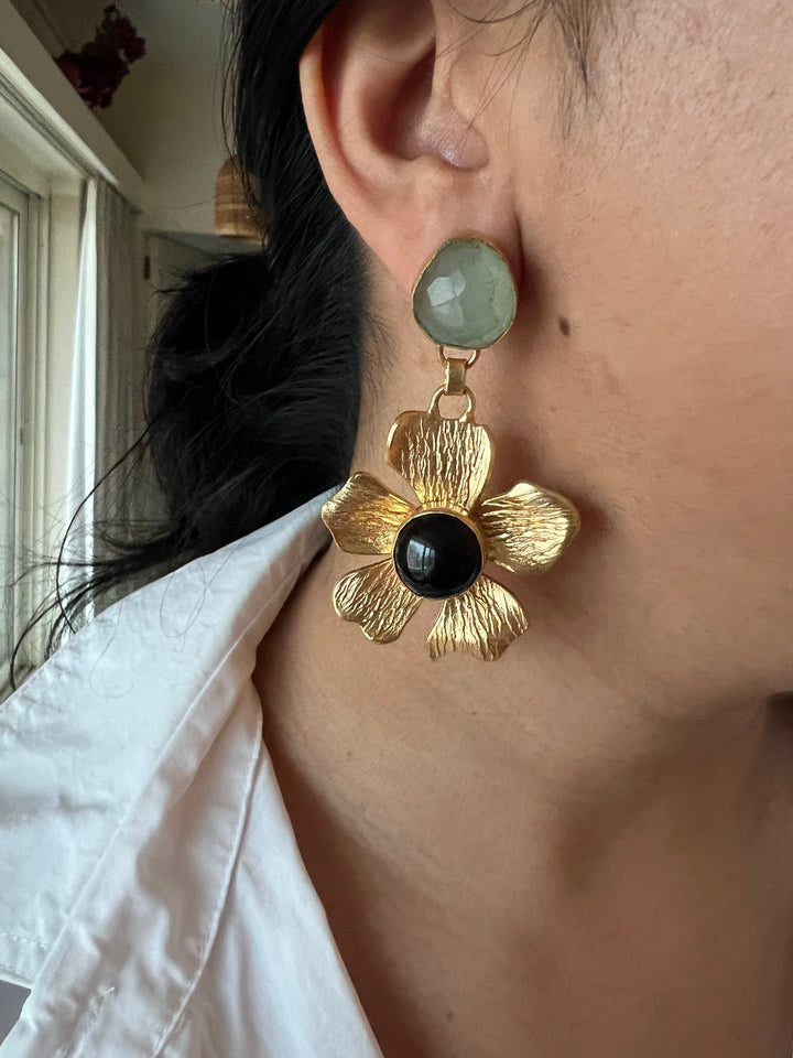 Onyx and Chalcedony Flower Design Earrings