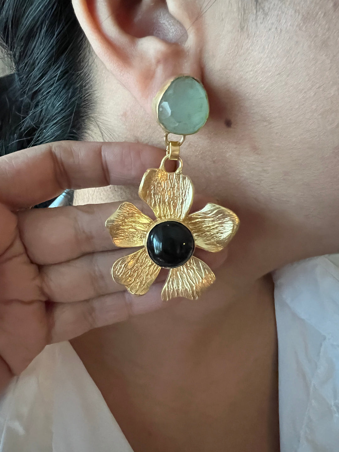 Onyx and Chalcedony Flower Design Earrings