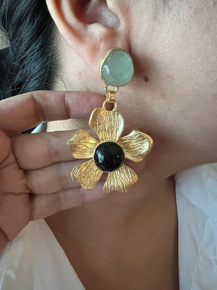 Onyx and Chalcedony Flower Design Earrings