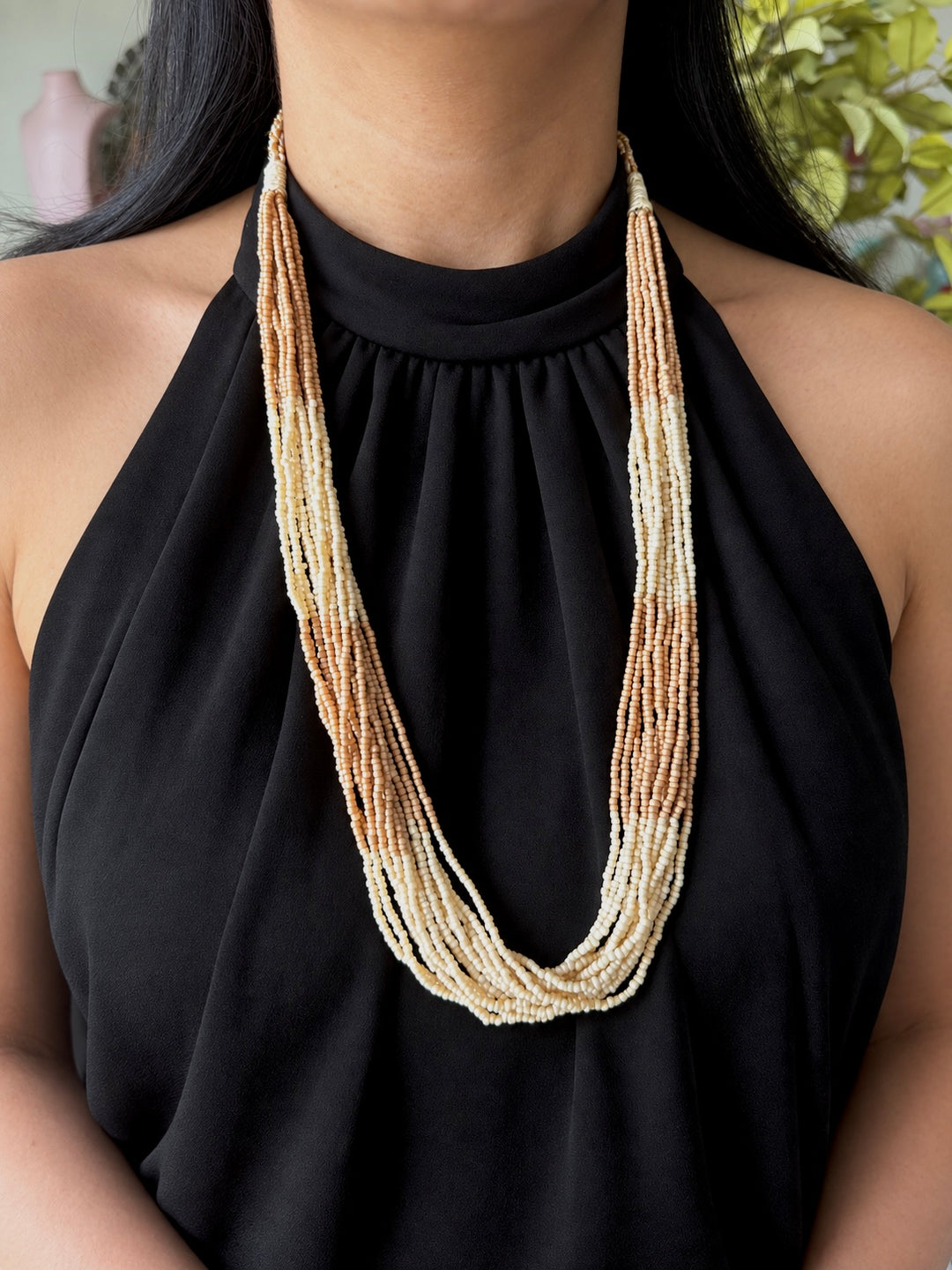 Beige and Cream Multistrand Beaded Necklace