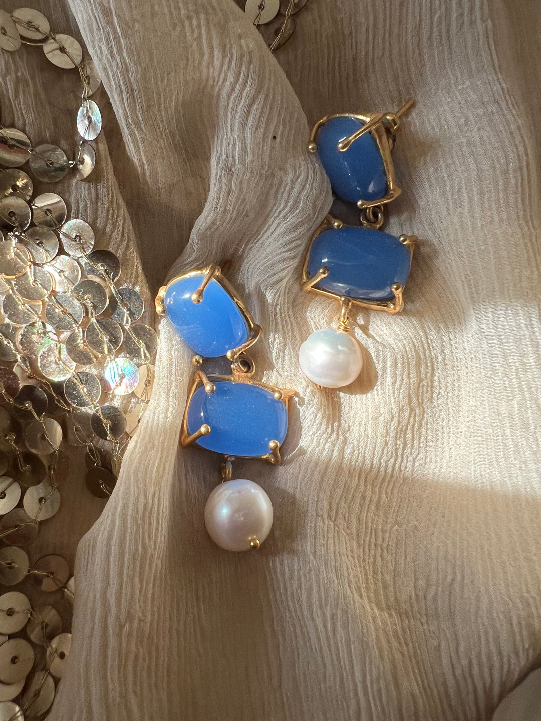 Elegant Pearl Drop Aqua Blue Chalcedony Earrings – Timeless & Chic